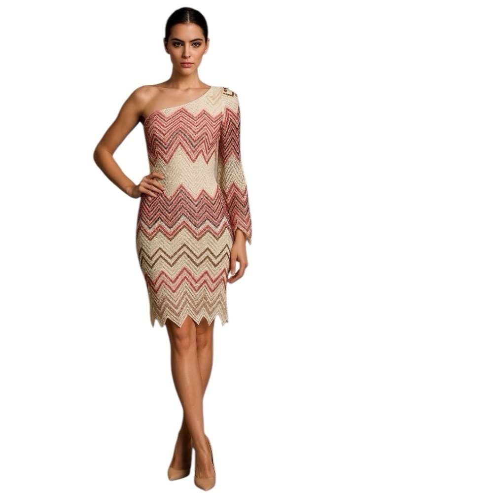 Windsor Cream Pink Chevron Open Knit Coquette Boho One Shoulder Dress Size M